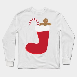 Gingerbread Man and Candy Cane in Red Christmas Sock Long Sleeve T-Shirt